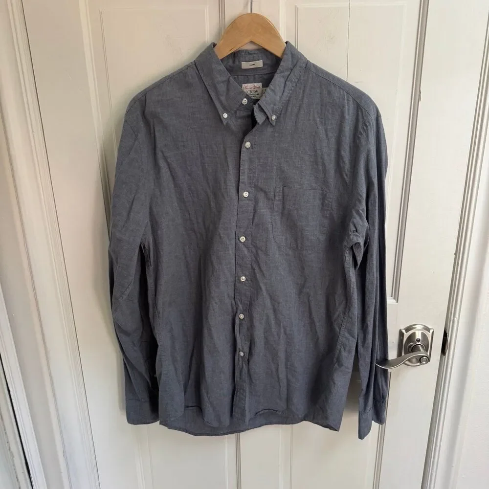 J. Crew Men's Slim Secret Wash Cotton Poplin Shirt in Smoky Slate Size Large